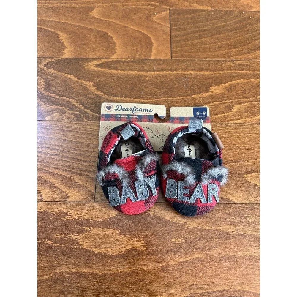Dearfoams‎ Christmas Red Plaid Baby Bear 6-9 Months Infant Slippers NEW